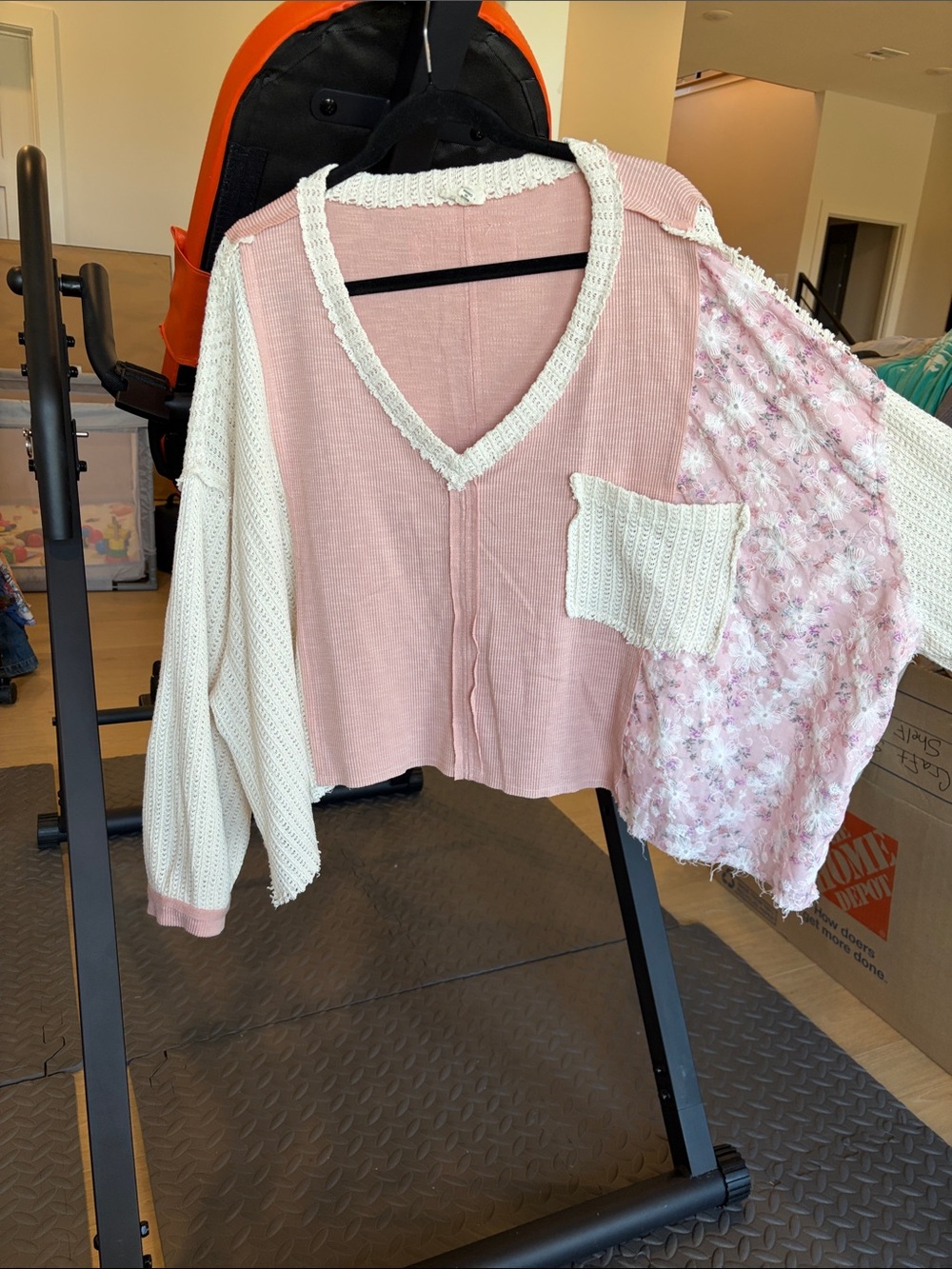 POL Pink and Cream Mixed-Knit V-Neck Sweater with Floral Panel